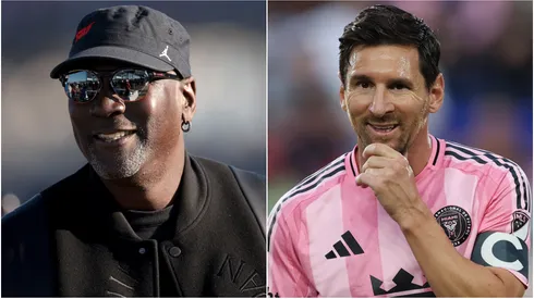 Michael Jordan reacts after Tyler Reddick, driver of the #45 Jordan Brand Toyota, wins the NASCAR Cup Series GEICO 500 in 2024 — Lionel Messi #10 of Inter Miami CF reacts during the MLS match in 2025.