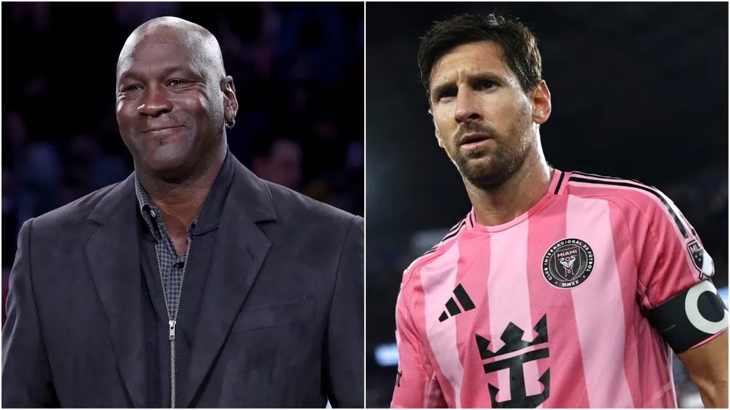 Lionel Messi reacts after winning the MLS match in 2025 — Michael Jordan takes part in a ceremony honoring the 2020 NBA All-Star game. (Source: Dustin Satloff/Getty Images — Streeter Lecka/Getty Images)