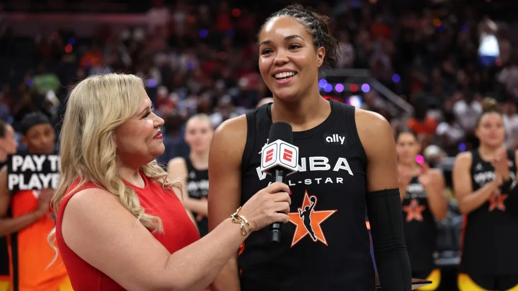 Game MVP and team captain Napheesa Collier speaks to Holly Rowe of ESPN after defeating Team Clark 151-131 during the 2025 AT&T WNBA All-Star Game. (Source: Steph Chambers/Getty Images)