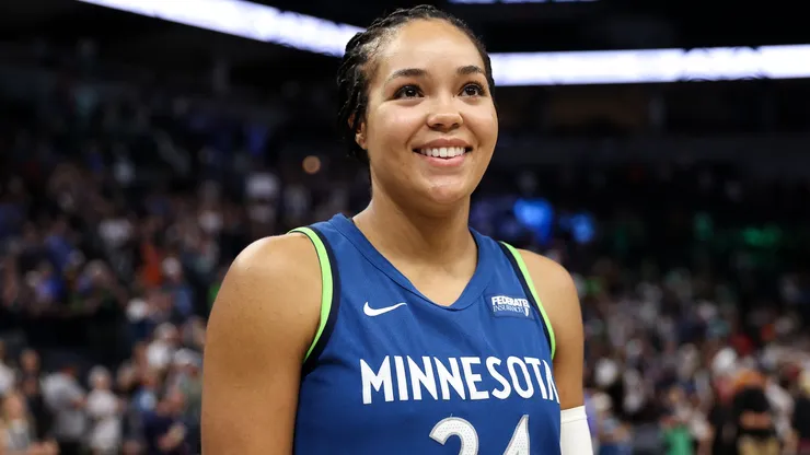 Napheesa Collier #24 of the Minnesota Lynx celebrates her team's win against the Chicago Sky after the game at Target Center on July 6, 2025.