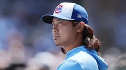 Shota Imanaga #18 of the Chicago Cubs looks on against the Boston Red Sox.