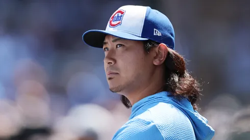 Shota Imanaga #18 of the Chicago Cubs looks on against the Boston Red Sox.