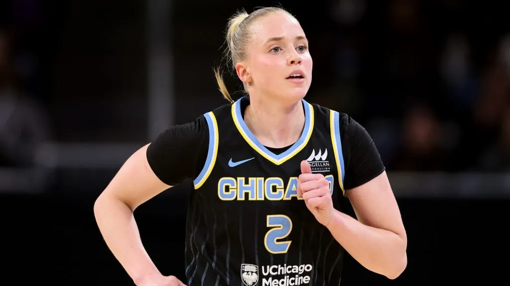 Hailey Van Lith #2 of the Chicago Sky looks on against the New York Liberty during the first half at Wintrust Arena on May 22, 2025. (Source: Michael Reaves/Getty Images)