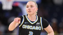 Hailey Van Lith #2 of the Chicago Sky looks on against the New York Liberty during the first half at Wintrust Arena on May 22, 2025.