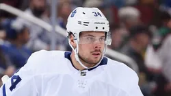 Auston Matthews #34 of the Toronto Maple Leafs during the first period of the NHL game against the Arizona Coyotes at Gila River Arena on February 16, 2019 in Glendale, Arizona.