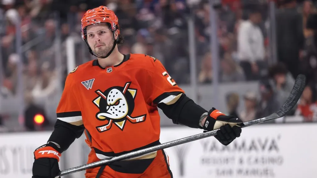 Mason McTavish #23 of the Anaheim Ducks looks on during the second period of a game against the New York Islanders at Honda Center on March 09, 2025 in Anaheim, California. (Photo by Sean M. Haffey/Getty Images)