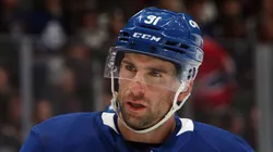 John Tavares #91 of the Toronto Maple Leafs skates against the Montreal Canadiens at Scotiabank Arena on November 09, 2024 in Toronto, Ontario, Canada.