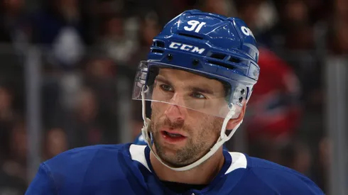John Tavares #91 of the Toronto Maple Leafs skates against the Montreal Canadiens at Scotiabank Arena on November 09, 2024 in Toronto, Ontario, Canada.