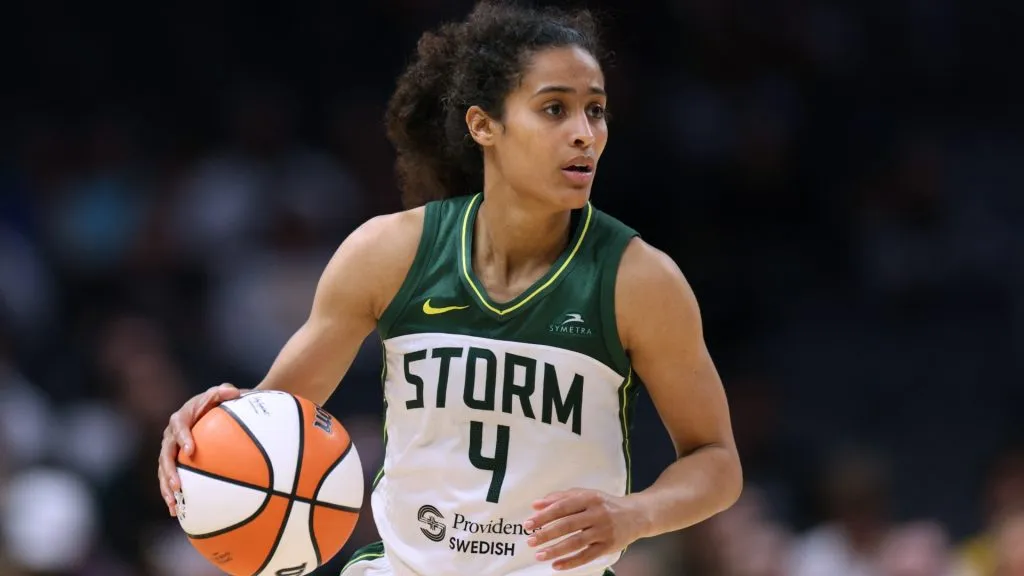 Skylar Diggins-Smith #4 of the Seattle Storm controls the ball during a 90-82 Storm win over the Los Angeles Sparks at Crypto.com Arena on September 11, 2024. (Source: Harry How/Getty Images)
