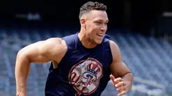 Aaron Judge #99 of the New York Yankees works out on the field.