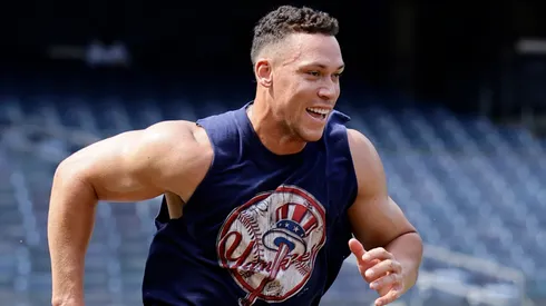 Aaron Judge #99 of the New York Yankees works out on the field.