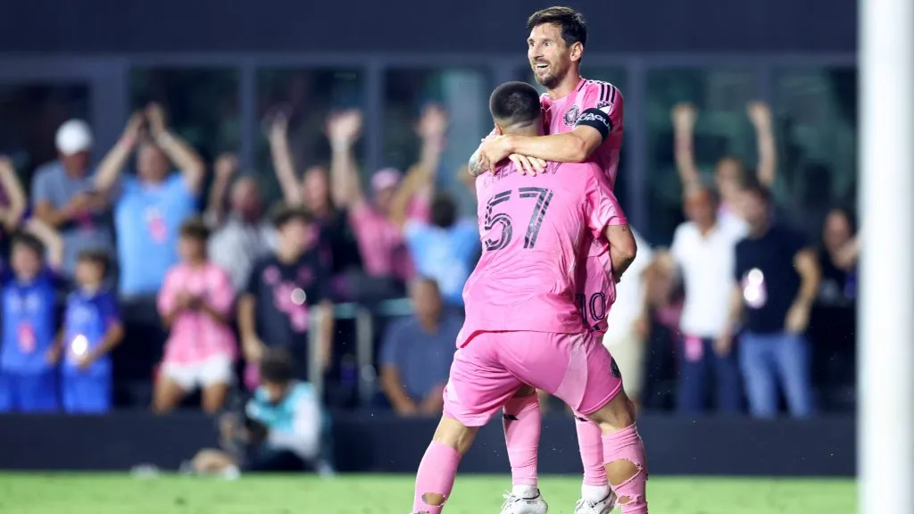 Marcelo Weigandt #57 of Inter Miami celebrates his second half goal with teammate Lionel Messi #10 during the Leagues Cup Phase One match against Atlas. (Megan Briggs/Getty Images)