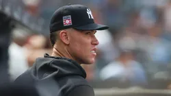 Aaron Judge #99 of the New York Yankees looks on.