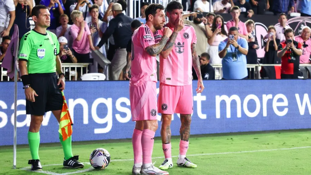 Lionel Messi #10 and Rodrigo de Paul #7 of Inter Miami speak on the field in the second half during the Leagues Cup Phase One match against Atlas. (Megan Briggs/Getty Images)