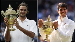 Roger Federer after winning Wimbledon in 2003 and Carlos Alcaraz in 2024.
