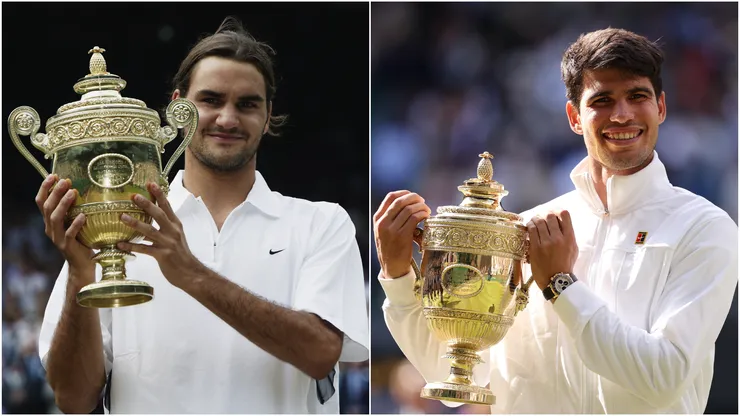 Roger Federer after winning Wimbledon in 2003 and Carlos Alcaraz in 2024.