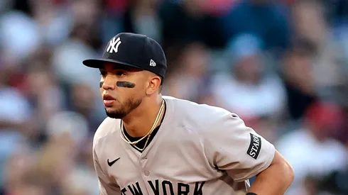 Oswald Peraza #18 of the New York Yankees during play against the Los Angeles Angels at Angel Stadium of Anaheim on May 28, 2025 in Anaheim, California.