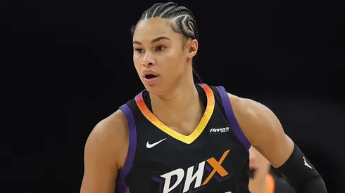 Satou Sabally #0 of the Phoenix Mercury handles the ball during the first half of the WNBA game at PHX Arena on May 27, 2025.