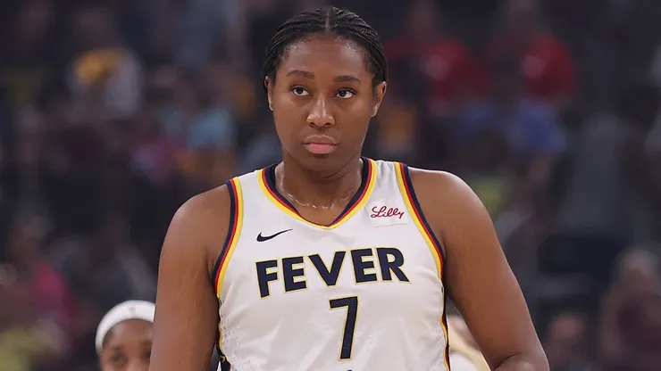 Aliyah Boston #7 of the Indiana Fever looks on against the Chicago Sky during the second half at the United Center on July 27, 2025.