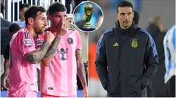 Lionel Messi #10, Rodrigo de Paul #7 of Inter Miami, Lionel Scaloni, Head Coach of Argentina and FIFA World Cup Trophy.