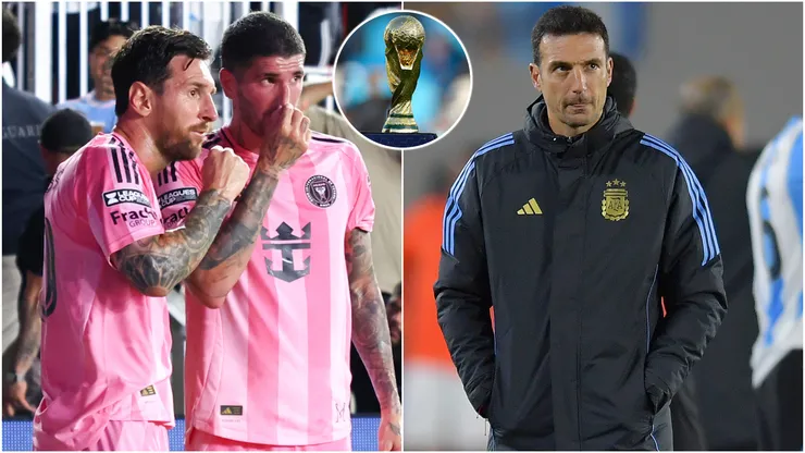 Lionel Messi #10, Rodrigo de Paul #7 of Inter Miami, Lionel Scaloni, Head Coach of Argentina and FIFA World Cup Trophy.