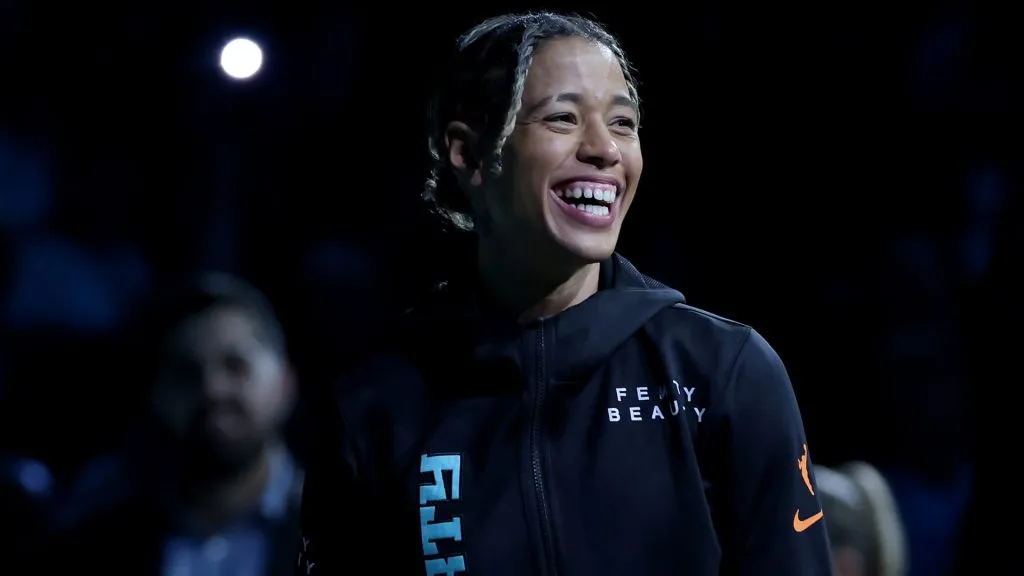 Natasha Cloud #9 of the New York Liberty reacts as she is introduced before the game against the Golden State Valkyries at Barclays Center on May 27, 2025. (Source: Elsa/Getty Images)