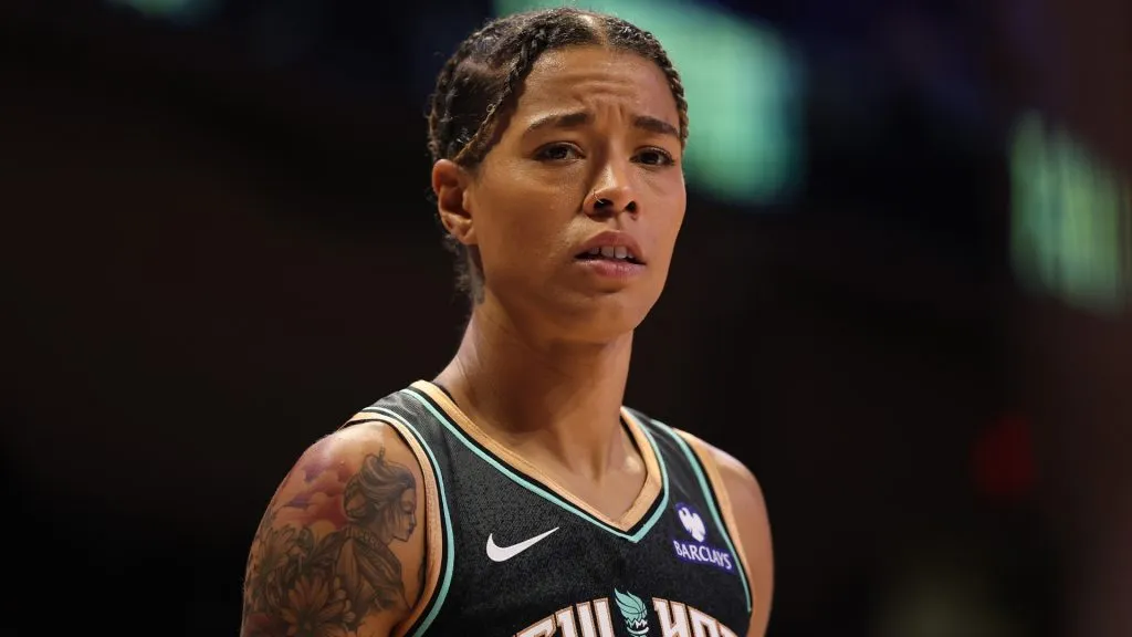 Natasha Cloud #9 of the New York Liberty waits for a free throw during a game against the Dallas Wings at College Park Center on July 28, 2025. (Source: Stacy Revere/Getty Images)