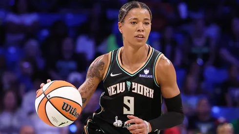 Natasha Cloud #9 of the New York Liberty handles the ball during a game against the Dallas Wings at College Park Center on July 28, 2025.