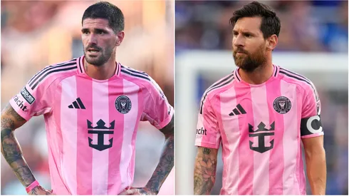 Rodrigo de Paul #7 of Inter Miami and Lionel Messi #10 during the 2025 Leagues Cup game against Atlas.