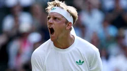 Alejandro Davidovich Fokina of Spain celebrates winning the third set tie break against Taylor Fritz of United States during Wimbledon.