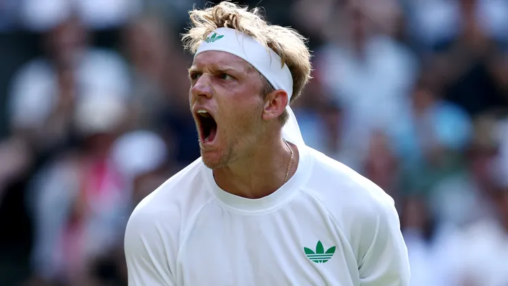Alejandro Davidovich Fokina of Spain celebrates winning the third set tie break against Taylor Fritz of United States during Wimbledon.