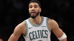 Jayson Tatum #0 of the Boston Celtics reacts during the second half against the Brooklyn Nets.