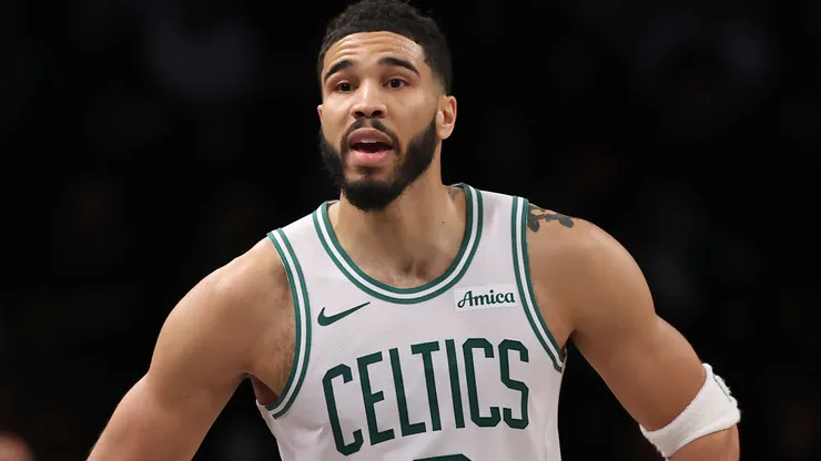 Jayson Tatum #0 of the Boston Celtics reacts during the second half against the Brooklyn Nets.