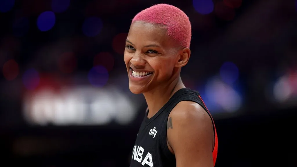 Courtney Williams #10 of the Minnesota Lynx reacts during the 2025 AT&amp;T WNBA All-Star Game at Gainbridge Fieldhouse on July 19, 2025. (Source: Steph Chambers/Getty Images)