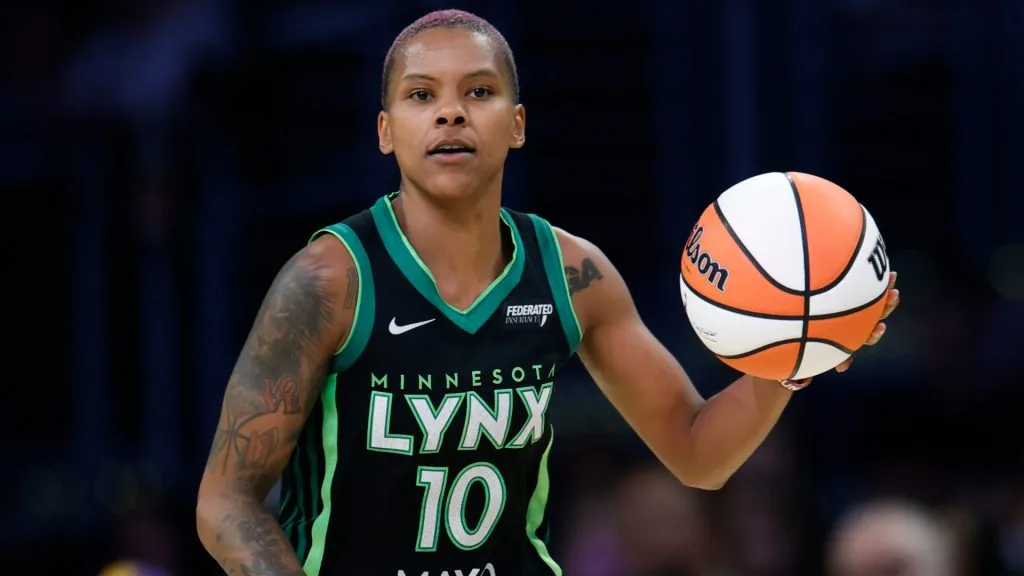 Courtney Williams #10 of the Minnesota Lynx dribbles during a 91-82 Minnesota Lynx win over the Los Angeles Sparks at Crypto.com Arena on July 10, 2025. (Source: Harry How/Getty Images)