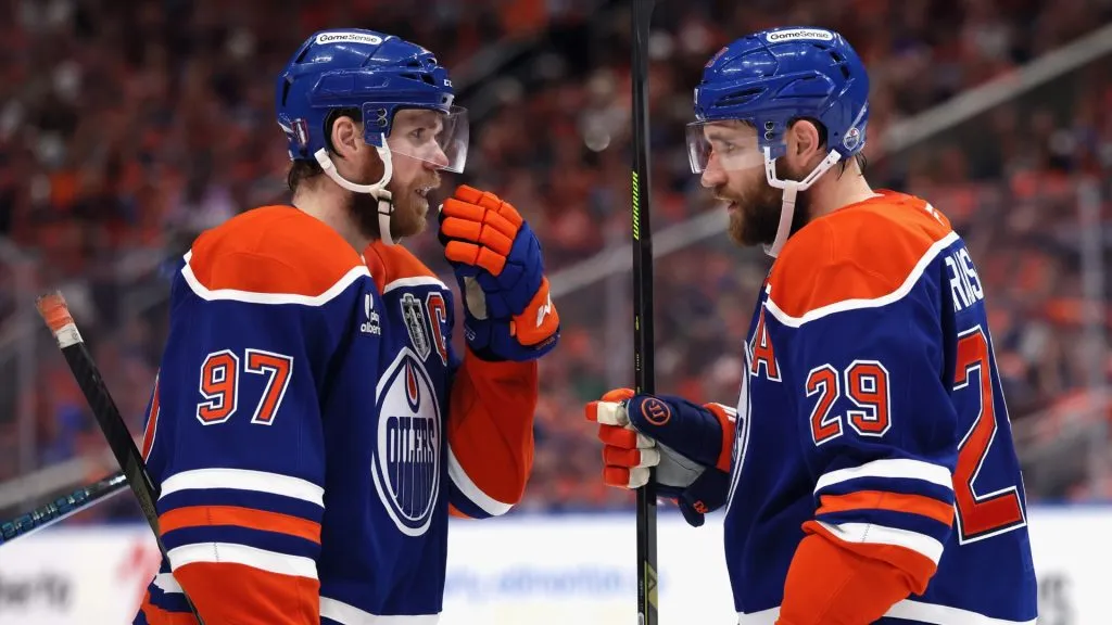 Connor McDavid #97 talks with Leon Draisaitl #29 of the Edmonton Oilers during the game against the Florida Panthers during Game Two of the 2025 NHL Stanley Cup Final at Rogers Place on June 06, 2025 in Edmonton, Alberta. (Photo by Bruce Bennett/Getty Images)