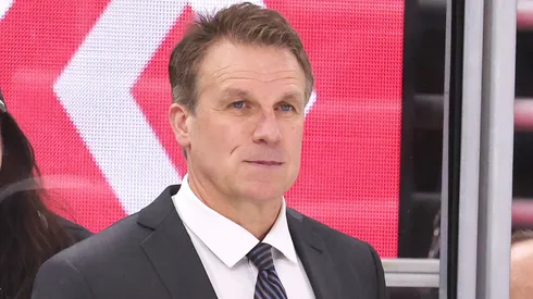 Head coach Jim Hiller of the Los Angeles Kings looks on against the Chicago Blackhawks during the third period at the United Center on March 20, 2025 in Chicago, Illinois.