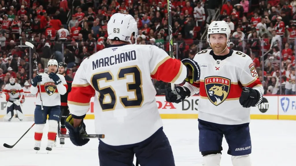 Sam Bennett #9 of the Florida Panthers celebrates with Brad Marchand #63 after scoring a goal against the Carolina Hurricanes during the third period in Game Five of the Eastern Conference Final of the 2025 Stanley Cup Playoffs at Lenovo Center on May 28, 2025 in Raleigh, North Carolina. (Photo by Bruce Bennett/Getty Images)
