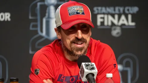 : Brad Marchand #63 of the Florida Panthers addresses the media following Game Five of the 2025 Stanley Cup Final against the Edmonton Oilers at Rogers Place on June 14, 2024 in Edmonton, Alberta, Canada.