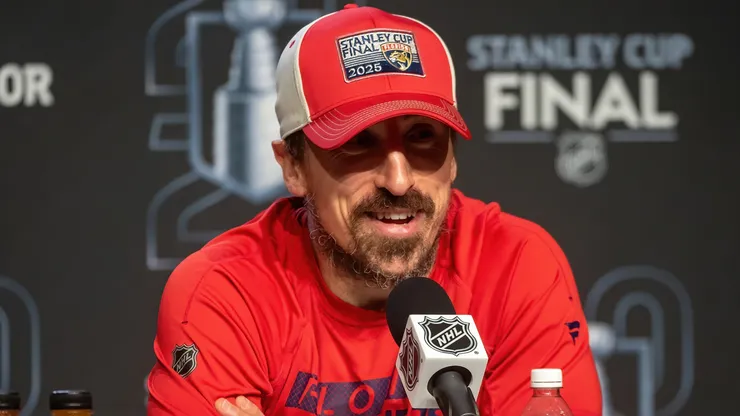 : Brad Marchand #63 of the Florida Panthers addresses the media following Game Five of the 2025 Stanley Cup Final against the Edmonton Oilers at Rogers Place on June 14, 2024 in Edmonton, Alberta, Canada.
