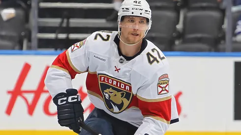 Gustav Forsling #42 of the Florida Panthers skates with the puck against the Toronto Maple Leafs during the third period in Game Seven of the Second Round of the 2025 Stanley Cup Playoffs at Scotiabank Arena on May 18, 2025 in Toronto, Ontario, Canada. The Panthers defeated the Maple Leafs 6-1 and win the series 4-3.