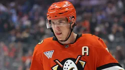 Ryan Strome #16 of the Anaheim Duckslooks on during the third period of a game against the Calgary Flames at Honda Center on April 09, 2025 in Anaheim, California.