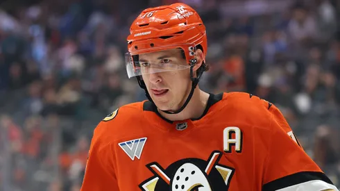 Ryan Strome #16 of the Anaheim Duckslooks on during the third period of a game against the Calgary Flames at Honda Center on April 09, 2025 in Anaheim, California.