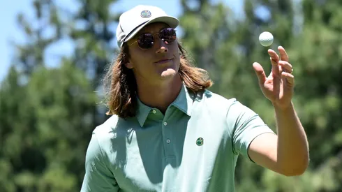 Trevor Lawrence throws his ball in the air after sinking the fourth hole during the second round of the American Century Championship at Edgewood Tahoe Golf Course on July 12, 2025 in Stateline, Nevada.