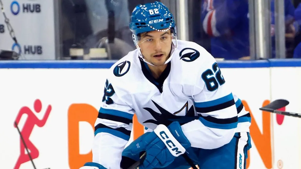 Kevin Labanc #62 with the San Jose Sharks skates against the New York Rangers at Madison Square Garden on December 03, 2023 in New York City. (Photo by Bruce Bennett/Getty Images)