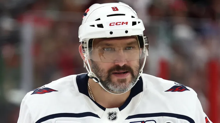 Alex Ovechkin #8 of the Washington Capitals looks on during the first period in Game Three of the Second Round of the 2025 Stanley Cup Playoffs against the Carolina Hurricanes at Lenovo Center at Lenovo Center on May 10, 2025 in Raleigh, North Carolina.