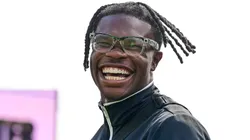 Former Colorado Buffaloes player Travis Hunter claps on the field during a ceremony where his jersey number was retired before the Black and Gold Spring Game at Folsom Field on April 19, 2025 in Boulder, Colorado.
