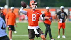 Quarterback Kenny Pickett #8 of the Cleveland Browns passes during training camp at CrossCountry Mortgage Campus on July 26, 2025 in Berea, Ohio.