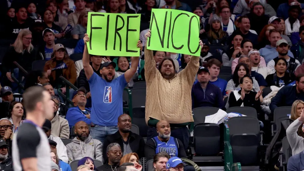 Dallas Mavericks fans hold up a sign referring to Mavs general manager Nico Harrison during the game against the Sacramento Kings at American Airlines Center. (Tim Heitman/Getty Images)