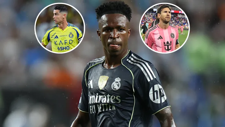 Vinicius Junior #7 of Real Madrid C. F. , Lionel Messi #10 of Inter Miami CF and Cristiano Ronaldo of Al Nassr.